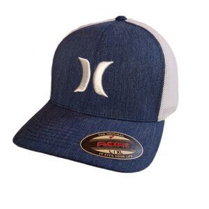 Hurley Mens L/XL Hat Cap Flex Fit Fitted Blue and White Mesh